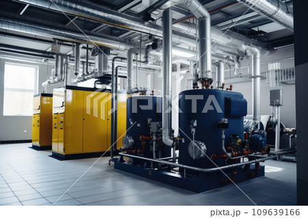 Modern boiler room with gas boilers, industrial heating. Modern boiler room with gas boilers, industrial heating. 109639166