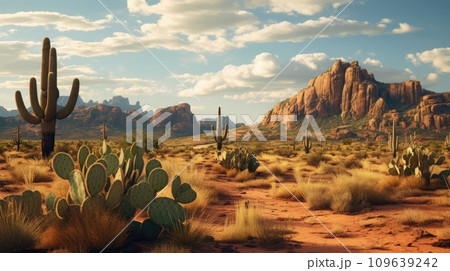 Wild West Texas desert landscape with mountains and cacti. 109639242