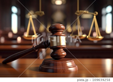 in a courtroom a judge gavel sits 109639258