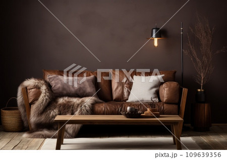 living room with brown leather sofa and fur throw pillows 109639356