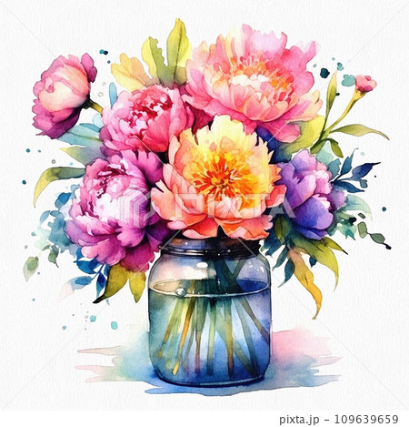 Bouquet of pink, yellow, purple, violet wild flowers in a glass jar isolated on white background Bouquet of pink, yellow, purple, violet wild flowers in a glass jar isolated on white background 109639659