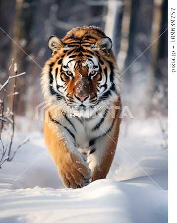 Tiger in wild winter nature. Amur tiger running in the snow. Tiger in wild winter nature. Amur tiger running in the snow. 109639757