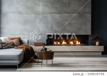 Modern gas fireplace in home 109639799