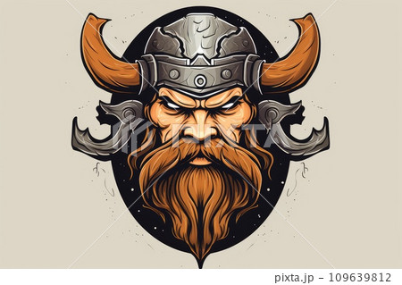 Head of a bearded viking in a helmet with horns 109639812