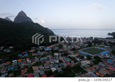 Aerial of Soufriere and Petito Piton in St Lucia 109639817
