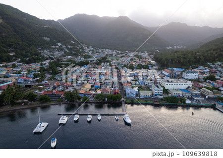 Aerial of Soufriere and Petito Piton in St Lucia 109639818