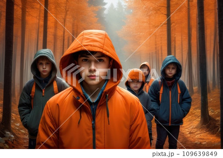 Group of school kids in casual clothes exploring nature and forest together on misty autumn day, Young man and group of children in orange jackets with hoods in forest. AI Group of school kids in casual clothes exploring nature and forest together on misty autumn day, Young man and group of children in orange jackets with hoods in forest. AI 109639849