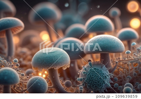 Virus cells or bacterias or fungus under electronic microscope. Germs microbe microorganism close-up. Medical, diseases Concept background. Alien viruses or bacterias. AI Virus cells or bacterias or fungus under electronic microscope. Germs microbe microorganism close-up. Medical, diseases Concept background. Alien viruses or bacterias. AI 109639859