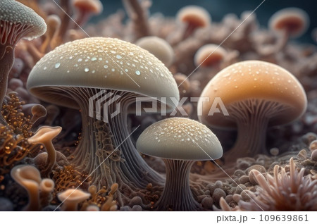 Virus cells or bacterias or fungus under electronic microscope. Germs microbe microorganism close-up. Medical, diseases Concept background. Aliens fungus. AI 109639861