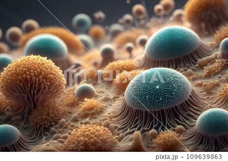 Virus cells or bacterias or fungus under electronic microscope. Germs microbe microorganism close-up. Medical, diseases Concept background. Aliens fungus. AI 109639863