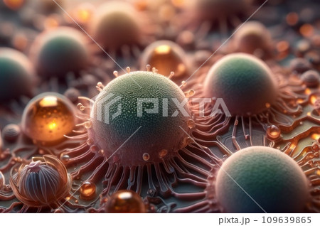 Virus cells or bacterias or fungus under electronic microscope. Germs microbe microorganism close-up. Medical, diseases Concept background. coronavirus COVID-19. AI 109639865