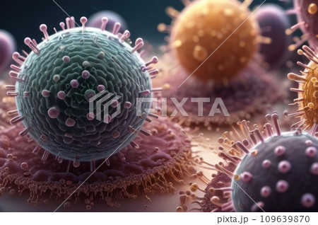 Virus cells or bacterias or fungus under electronic microscope. Germs microbe microorganism close-up. Medical, diseases Concept background. coronavirus COVID-19. AI Virus cells or bacterias or fungus under electronic microscope. Germs microbe microorganism close-up. Medical, diseases Concept background. coronavirus COVID-19. AI 109639870