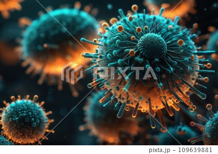 Virus cells or bacterias or fungus under electronic microscope. Germs microbe microorganism close-up. Medical, diseases Concept background. Alien viruses in the air. AI 109639881