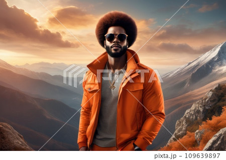 Handsome afro american man in an orange jacket and sunglasses is on the top of a mountain. A success of mountaineer reaching the summit. Sunny day and a climber on a top of a peak.. AI Handsome afro american man in an orange jacket and sunglasses is on the top of a mountain. A success of mountaineer reaching the summit. Sunny day and a climber on a top of a peak.. AI 109639897