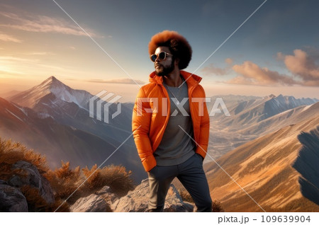 Handsome afro american man in an orange jacket and sunglasses is on the top of a mountain. A success of mountaineer reaching the summit. Sunny day and a climber on a top of a peak.. AI Handsome afro american man in an orange jacket and sunglasses is on the top of a mountain. A success of mountaineer reaching the summit. Sunny day and a climber on a top of a peak.. AI 109639904