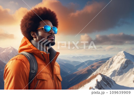 victorious climber african american man in an orange jacket and sunglasses is on the top of a mountain. A success of mountaineer reaching the summit. Sunny day and a climber on a top of a peak.. AI 109639909