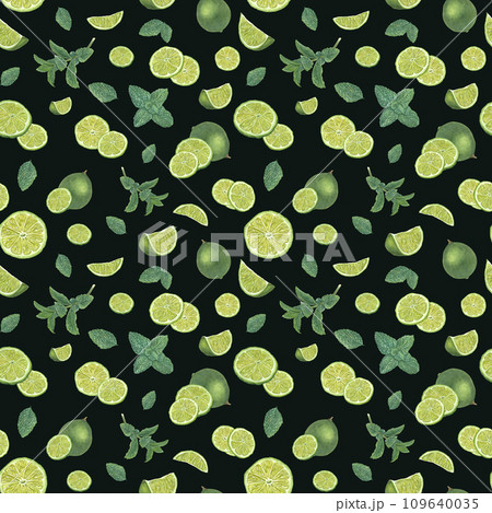 Fresh lime slices and green mint leaves Seamless pattern isolated on black background. For textile, room decor, print wrapping, scrapbook. Watercolor illustration of summer fruit composition Fresh lime slices and green mint leaves Seamless pattern isolated on black background. For textile, room decor, print wrapping, scrapbook. Watercolor illustration of summer fruit composition 109640035