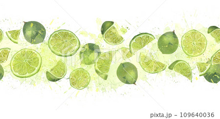 Juicy ripe lime slices with splashes citrus juice. Watercolor summer botanical illustration. Seamless horizontal banner on white. for menu, cocktail party, flyer, posters, for the design of postcards 109640036