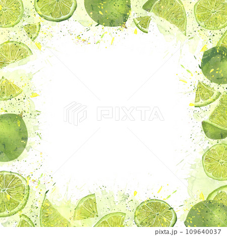Juicy ripe limes with splashes citrus juice. Square frame isolated on white. Copy space for text. Watercolor summer botanical illustration. For menu, cocktail party, flyer, posters 109640037