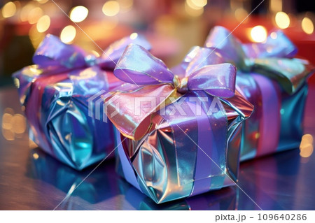 Beautiful and shiny gifts wrapped in metallic neon paper on Boxing Day. Gifts on table with blurred background of bokeh lights, creating festive and cheerful atmosphere. Boxing Day, Christmas concept 109640286