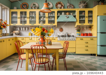 kitchen midcentury modern design, characterized by clean lines and iconic shapes, bright color from 60s and 70s kitchen midcentury modern design, characterized by clean lines and iconic shapes, bright color from 60s and 70s 109640443