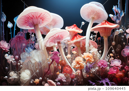 Fantasy enchanted fairy tale forest with magical pink mushrooms and flowers 109640445