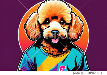 Bright drawing of dog, poodle in T-shirt on red background. Satirical, pop art style, vibrant colors, iconic characters, action-packed, suitable for mascot, logo or reproduce on canvas. AI Bright drawing of dog, poodle in T-shirt on red background. Satirical, pop art style, vibrant colors, iconic characters, action-packed, suitable for mascot, logo or reproduce on canvas. AI 109640518