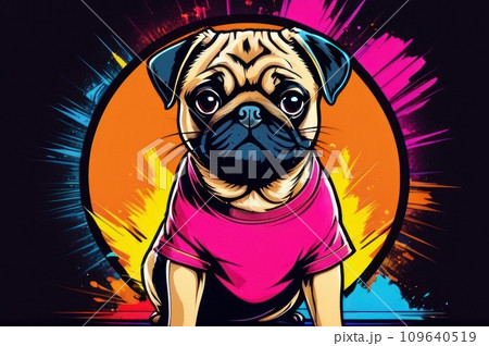 Bright drawing of dog, dog in T-shirt on red background. Satirical, pop art style, vibrant colors, iconic characters, action-packed, suitable for mascot, logo or reproduce on canvas. AI Bright drawing of dog, dog in T-shirt on red background. Satirical, pop art style, vibrant colors, iconic characters, action-packed, suitable for mascot, logo or reproduce on canvas. AI 109640519