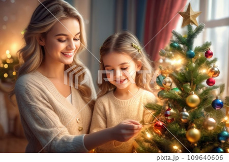 Cheerful optimistic adorable caucasian pretty girl decorating Christmas tree with happy Aunt, putting toys on branches, enjoying preparing New Year celebration at home, miracle time concept. AI 109640606