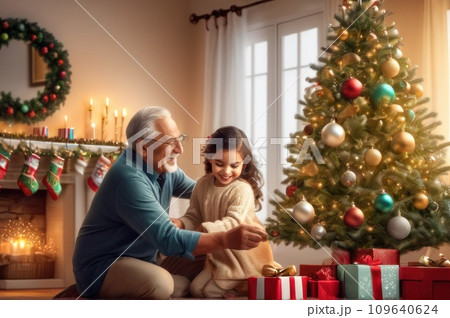 cheerful overjoyed adorable hispanic beautiful girl decorating Christmas tree with happy Grandfather, putting toys on branches, enjoying preparing for New Year celebration home, miracle time concept. cheerful overjoyed adorable hispanic beautiful girl decorating Christmas tree with happy Grandfather, putting toys on branches, enjoying preparing for New Year celebration home, miracle time concept. 109640624