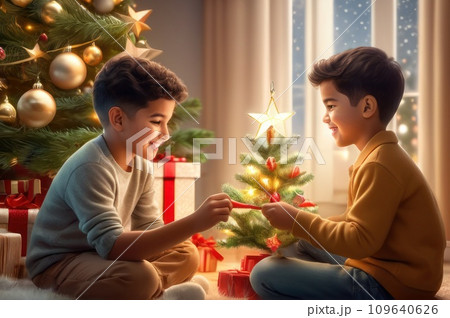 cheerful dreamy adorable hispanic zoomer boy decorating Christmas tree with happy brother, putting toys on branches, enjoying preparing for New Year celebration at home, miracle time concept. AI cheerful dreamy adorable hispanic zoomer boy decorating Christmas tree with happy brother, putting toys on branches, enjoying preparing for New Year celebration at home, miracle time concept. AI 109640626