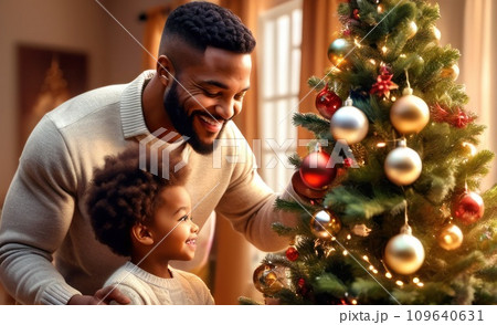 happy optimistic adorable african american handsome man decorating Christmas tree with happy son, putting toys on branches, enjoying preparing for New Year celebration at home, miracle time concept. happy optimistic adorable african american handsome man decorating Christmas tree with happy son, putting toys on branches, enjoying preparing for New Year celebration at home, miracle time concept. 109640631