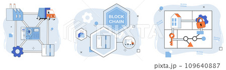 Blockchain industry vector illustration. In digital realm, blockchains network connects industries through cryptographic threads The internet things IoT and blockchain dance in ballet decentralized 109640887
