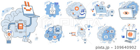 Artificial intelligence vector illustration. In cybernetic realm, processors are engines propelling artificial intelligence forward The knowledge ecosystem thrives in fertile soil machine learning Artificial intelligence vector illustration. In cybernetic realm, processors are engines propelling artificial intelligence forward The knowledge ecosystem thrives in fertile soil machine learning 109640902