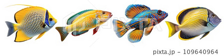 AI-generated content. Multicolored aquarium fishes on a transparent background, side view. The Acanthurus, Angelfish, Mandarinfish, King Wrasse saltwater aquarium fish, isolated on a white background. 109640964