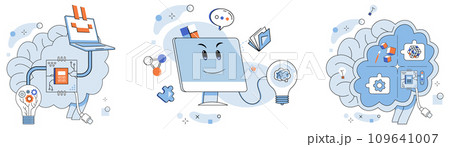 Artificial intelligence vector illustration. A digital brain, powered by algorithms, is beating heart intelligent supercomputer Intelligent bots navigate sea data, guided by compass artificial 109641007