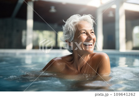 woman laughing while swimming in an indoor pool woman laughing while swimming in an indoor pool 109641262