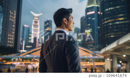 AI-generated content. young asian businessman standing at city skyscrapers background and looking in future, entrepreneur planning business 109641674