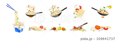 Asian Wok Noodles Cooking with Frying Pan and Ingredients Vector Set 109641737