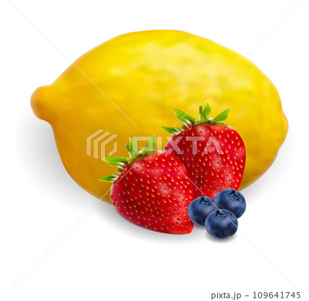 Fresh fruit mix, vector illustration. Lemon, strawberry, blueberry Fresh fruit mix, vector illustration. Lemon, strawberry, blueberry 109641745
