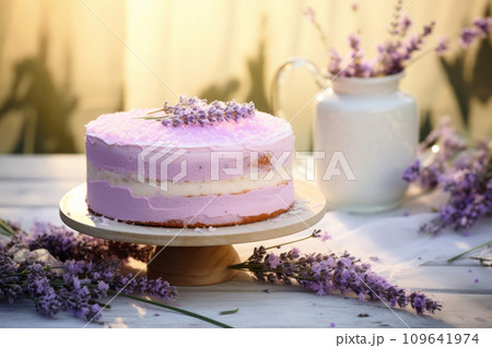 Sponge lavender cream cake with berry cream adorned with a fresh lavender branch on sunny light background. Generative AI Sponge lavender cream cake with berry cream adorned with a fresh lavender branch on sunny light background. Generative AI 109641974