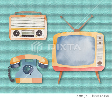 レトロなテレビ・ラジオ・卓上電話　水彩風素材 109642350