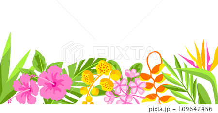 Background with tropical flowers. Decorative exotic foliage and plants. Background with tropical flowers. Decorative exotic foliage and plants. 109642456