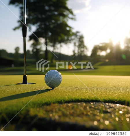 Close-up of a golf ball on a golf course green Close-up of a golf ball on a golf course green 109642583