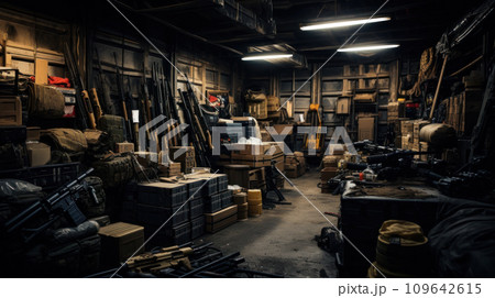 Weapon in warehouse, metal and wooden boxes of guns stored in dark military storage. Illegal smuggle arsenal of firearm. Concept of war, industry, violence, package and crime. Weapon in warehouse, metal and wooden boxes of guns stored in dark military storage. Illegal smuggle arsenal of firearm. Concept of war, industry, violence, package and crime. 109642615