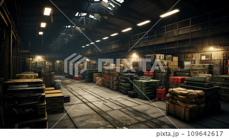 Metal and wooden boxes of guns stored in dark warehouse, packaged weapon inside military storage. Illegal smuggle arsenal of firearm. Concept of war, industry, violence, background, security Metal and wooden boxes of guns stored in dark warehouse, packaged weapon inside military storage. Illegal smuggle arsenal of firearm. Concept of war, industry, violence, background, security 109642617