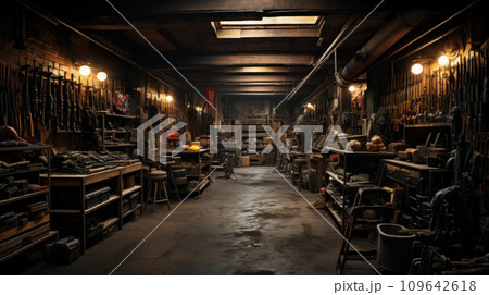 Weapon inside military store, boxes of guns inside dark warehouse. Illegal smuggle arsenal of firearm. Concept of war, industry, violence, shop, package, background, security Weapon inside military store, boxes of guns inside dark warehouse. Illegal smuggle arsenal of firearm. Concept of war, industry, violence, shop, package, background, security 109642618