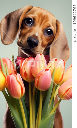 A cheerful dog with a bouquet of tulips 109642765