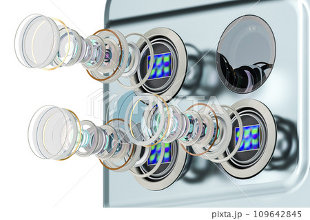 Multi Camera Smartphone. Disassembled smartphone cameras, modern lens of smartphone cameras, structure. 3D rendering 109642845