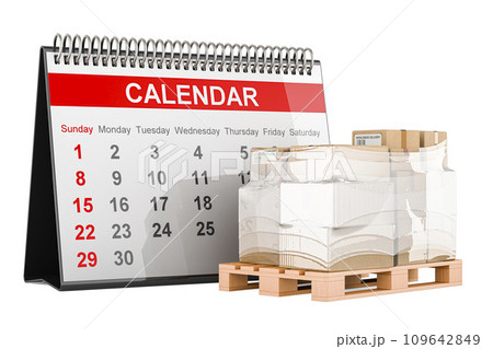 Date of shipping and logistics. Desk calendar with parcels on the wooden pallet. 3D rendering Date of shipping and logistics. Desk calendar with parcels on the wooden pallet. 3D rendering 109642849